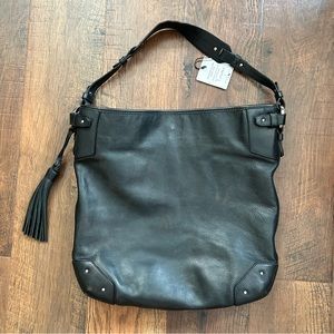 BALLY black leather hobo / bucket bag with tassel accent, made in Italy